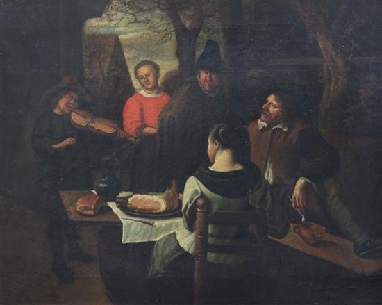 Flemish School Musician and onlookers around the table, 15.5 x 19.5in.